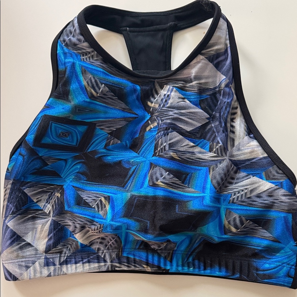 Koral Blue and Black Geometric Sports Bra